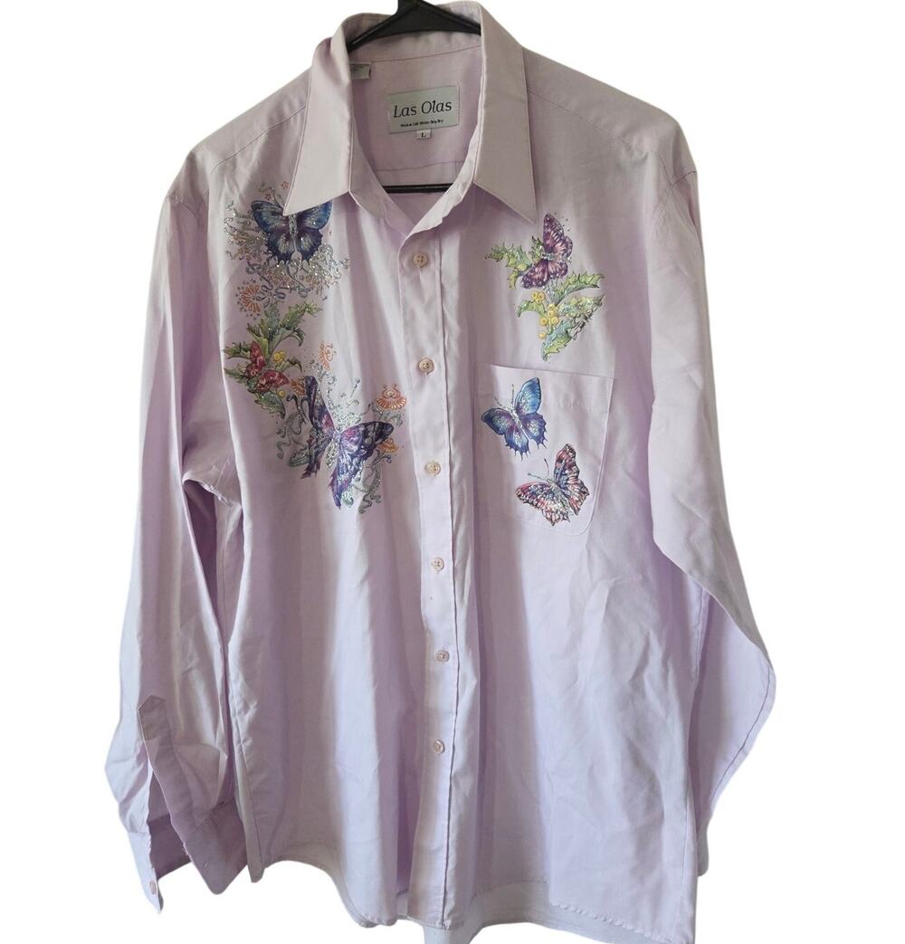 Vtg Purple Butterfly Applique Las Alas Large Button Up Blouse Colorful Glitter